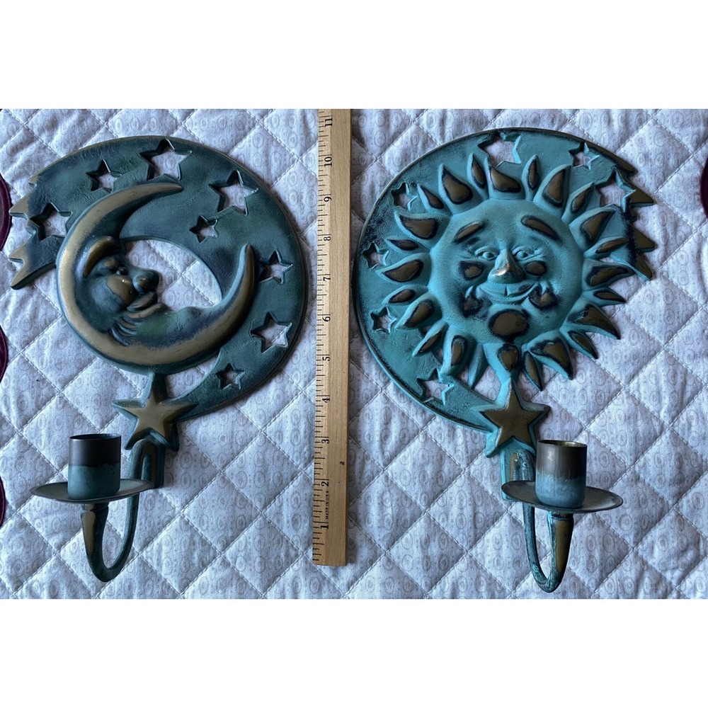 Vintage 1994 Partylite Sun and Moon Wall Sconce Pair Teal Verdigris Celestial - Picture 10 of 14